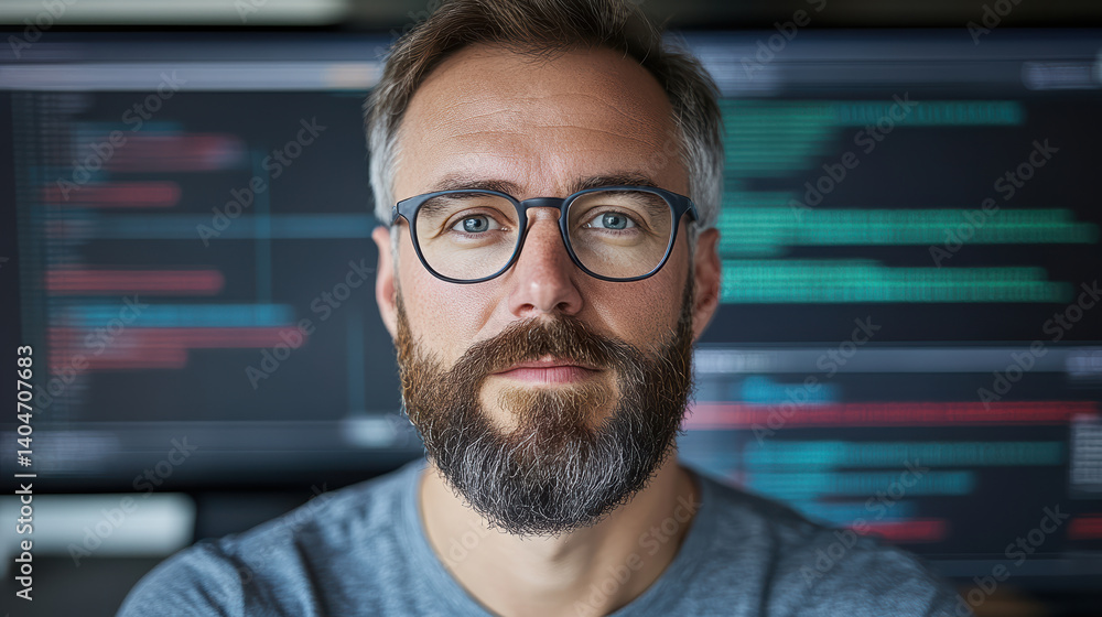 Focused professional with glasses and beard, working on coding tasks in tech environment Focused professional with glasses and beard, working on coding tasks in tech environment