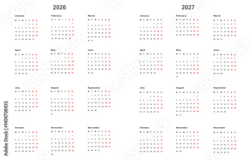 Set Calendar 2026-2027 on White Background. The week starts on Monday. Vertical. Vector 10 eps