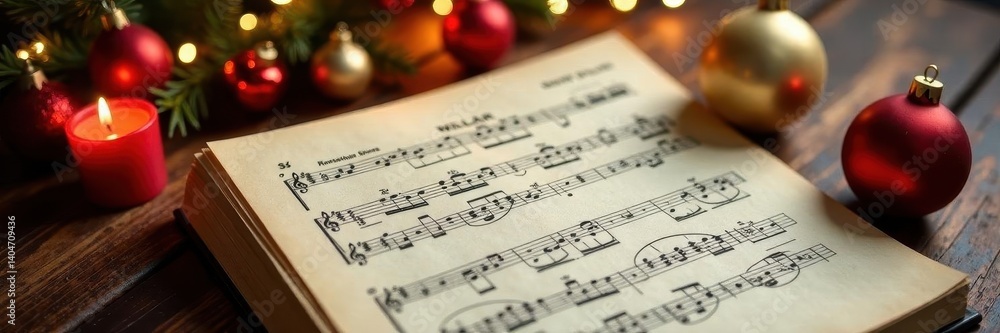 Elegant arrangement of sheet music with ornaments and candles, religious, christmas tree Elegant arrangement of sheet music with ornaments and candles, religious, christmas tree