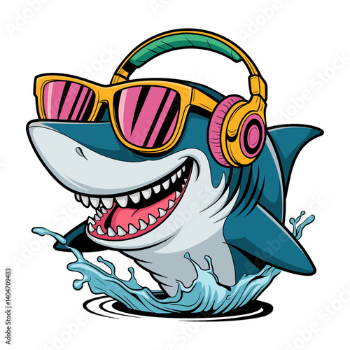Cool shark cartoon character with headphones and sunglasses splashing in water. Fun aquatic animal for kids t shirt design. Graphic celebration, vector illustration