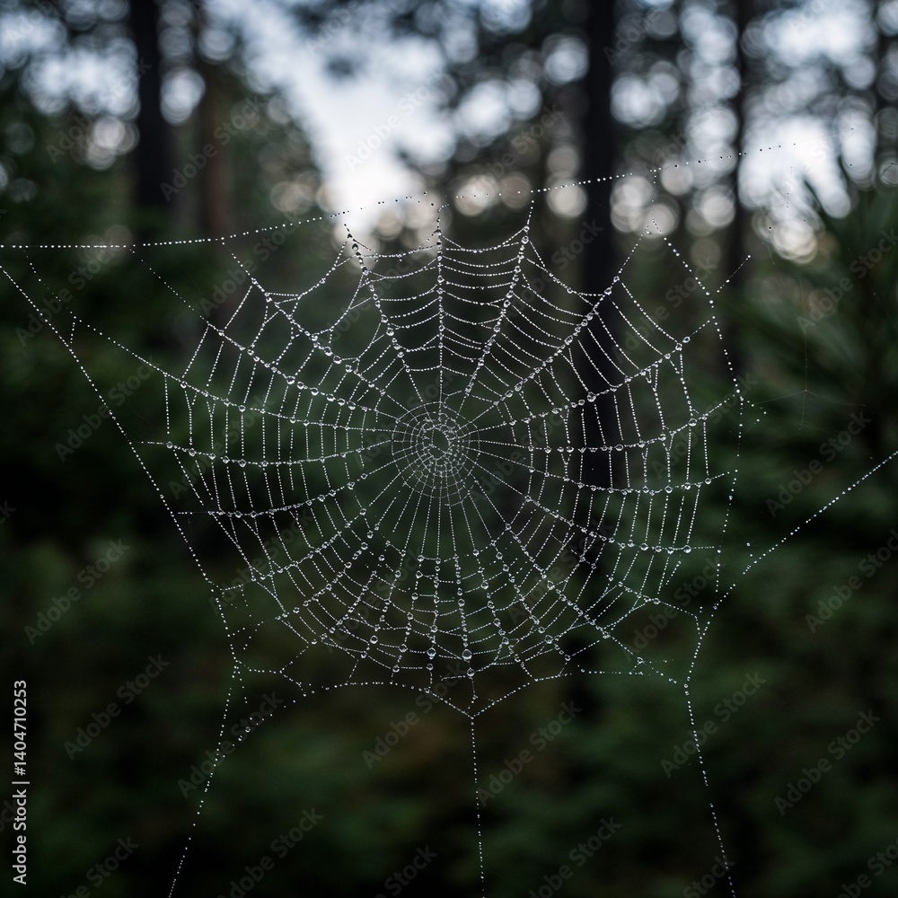 Naklejka premium Spider Web Glimmering in Moonlight Against a Forest Background 