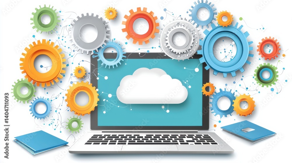 Digital transformation action with isometric gears and cloud technology modern workspace graphic design innovative viewpoint Digital transformation action with isometric gears and cloud technology modern workspace graphic design innovative viewpoint