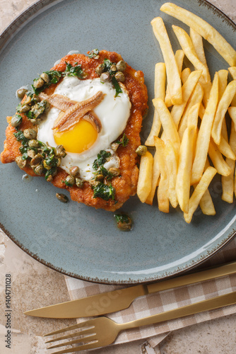 Obraz na płótnie Holstein schnitzel with anchovy fillet, fried egg and caper parsley sauce on top served with french fries close-up on a plate on a table. Vertical top view from above w salonie