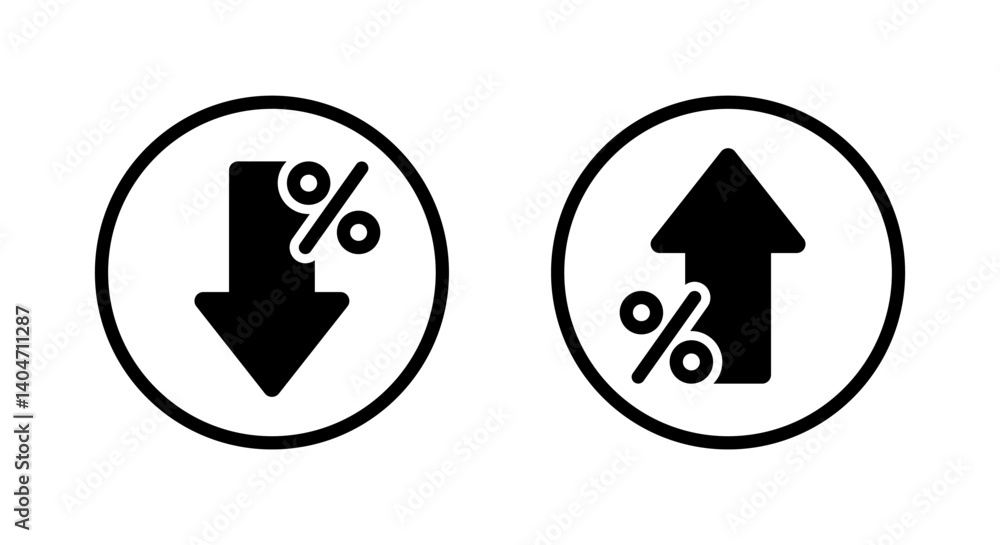Percent arrow down and up icon on circle line. Percentage decline and growth sign symbol Percent arrow down and up icon on circle line. Percentage decline and growth sign symbol