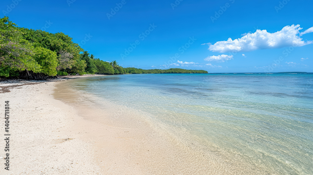 serene beach scene with clear water and bright blue sky, surrounded by lush greenery serene beach scene with clear water and bright blue sky, surrounded by lush greenery