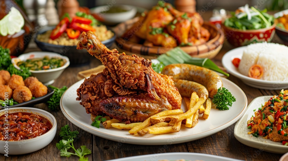 A delectable serving of crispy fried pork knuckle, served with fries and sauce A delectable serving of crispy fried pork knuckle, served with fries and sauce