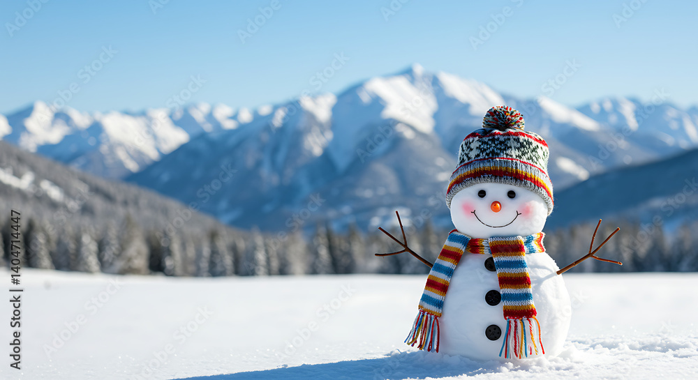 Fototapeta premium Snowy Peaks, Happy Snowman: A Winter Wonderland AI Generated