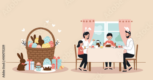 Easter morning. A basket filled with eggs, chocolate bunnies, and small gifts on a breakfast table