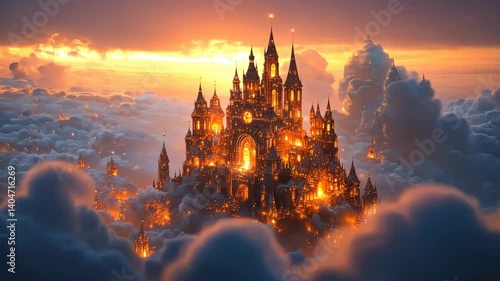A fiery castle in the clouds at sunset