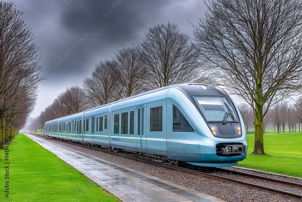 Naklejka premium A hydrogen-powered train traveling through countryside landscape