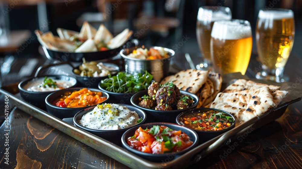 A table with various Middle Eastern dishes including pita bread and mixed nuts drizzled in hot sauce A table with various Middle Eastern dishes including pita bread and mixed nuts drizzled in hot sauce