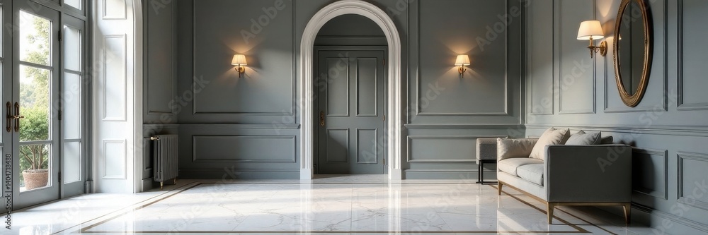 Elegant hallway, gray metal mirror, marble floor, bench , wall, design, mirror Elegant hallway, gray metal mirror, marble floor, bench , wall, design, mirror