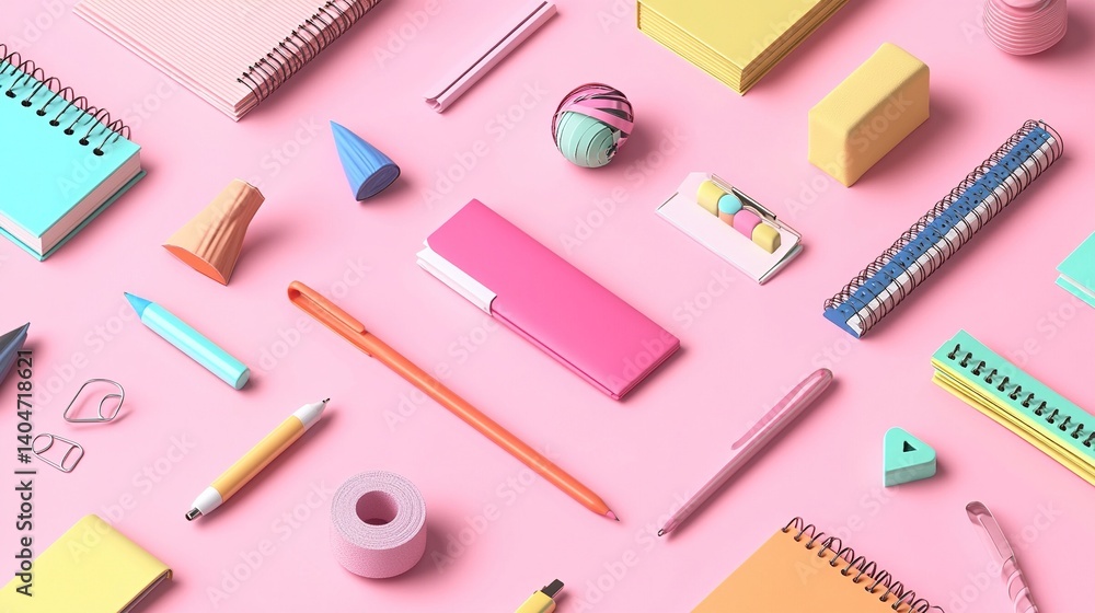 Isometric 3D rendering of colorful office supplies floating on soft pink background with geometric shadows, minimalist corporate branding style.