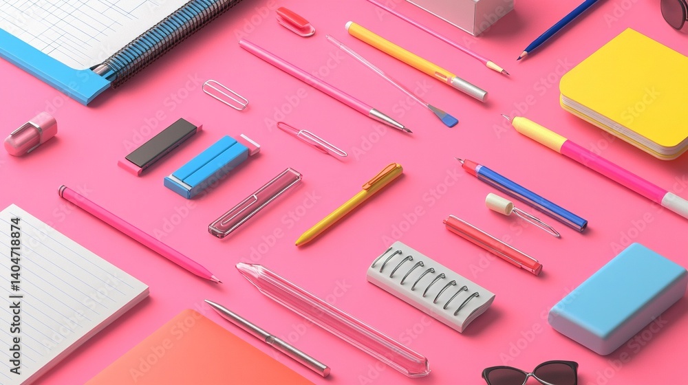 Isometric 3D rendering of colorful office supplies floating on soft pink background with geometric shadows, minimalist corporate branding style. Isometric 3D rendering of colorful office supplies floating on soft pink background with geometric shadows, minimalist corporate branding style.