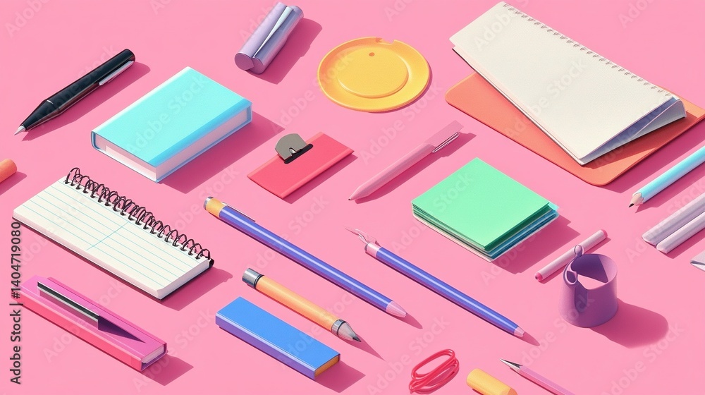 Isometric 3D rendering of colorful office supplies floating on soft pink background with geometric shadows, minimalist corporate branding style. Isometric 3D rendering of colorful office supplies floating on soft pink background with geometric shadows, minimalist corporate branding style.
