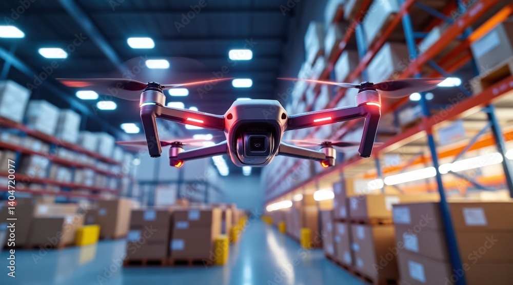 Inventory management order tracking concept. A drone hovers in a warehouse filled with stacked boxes, showcasing modern technology in logistics and inventory management. Inventory management order tracking concept. A drone hovers in a warehouse filled with stacked boxes, showcasing modern technology in logistics and inventory management.
