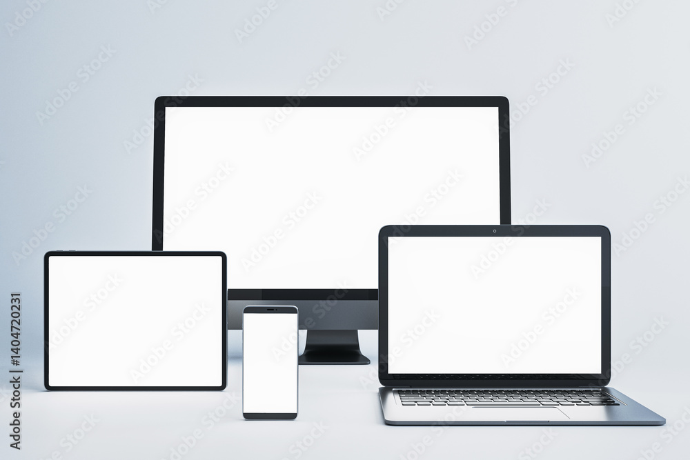 Blank digital device mockup set with computer, laptop, tablet, and smartphone on light gradient background for design presentation layout. 3D Rendering