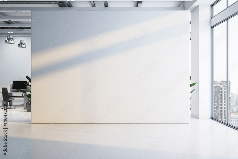 Blank white wall in modern office interior with large windows and city view, ideal for poster, logo, or sign mockup presentation template. 3D Rendering