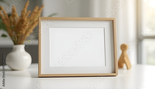 Wooden photo frame rests on white table in warm natural light