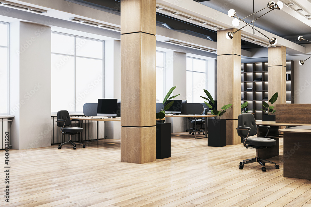 Modern empty office interior with wooden floor, desks, and chairs in bright corporate space featuring minimalist design and natural light. 3D Rendering