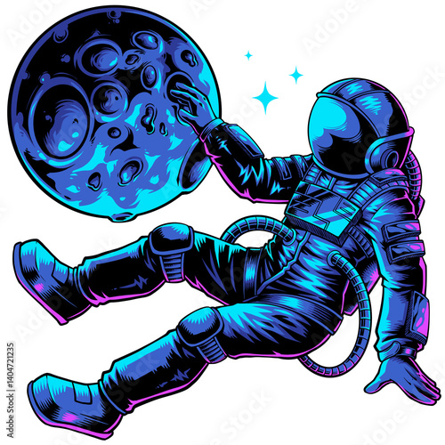 Fototapeta Naklejka Na Ścianę i Meble -  Astronaut Standing on the Moon Surface, Digital Illustration
