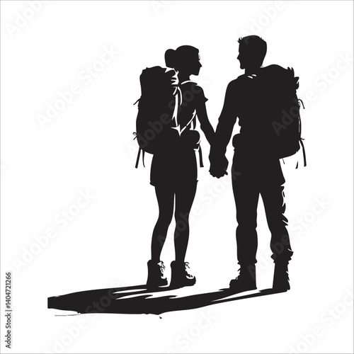 Couple Outdoors Vector Silhouette, Group of Hiking man Silhouettes. hiker with backpack and rucksacks silhouette.