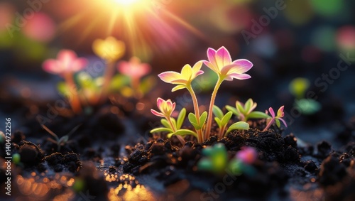Warm Sunlit Plants with Dew in Rich Soil