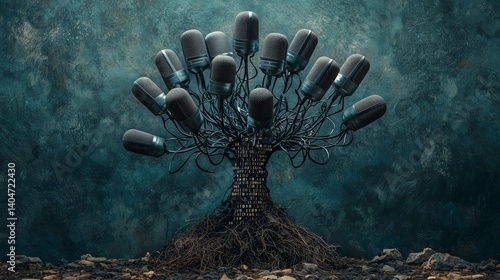 Surreal tree made of microphones and wires with binary code trunk symbolizing spread of fake media and digital misinformation