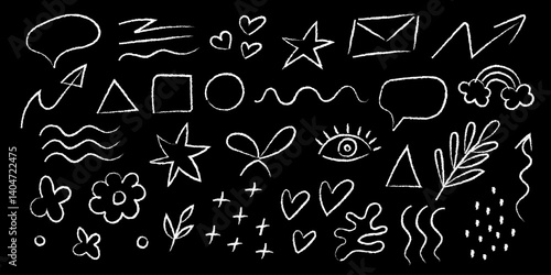 Charcoal doodle art featuring various shapes and symbols on a dark background