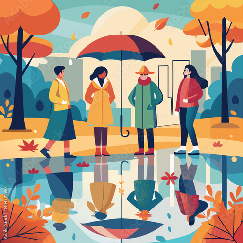 Autumn Reflections People with Umbrellas in Puddles