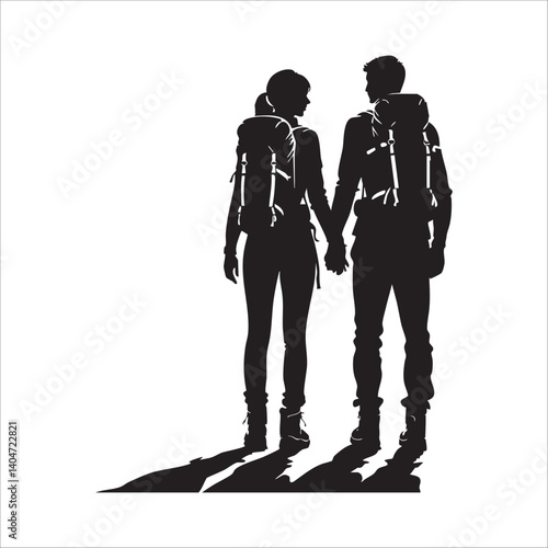 Couple Outdoors Vector Silhouette, Group of Hiking man Silhouettes. hiker with backpack and rucksacks silhouette.