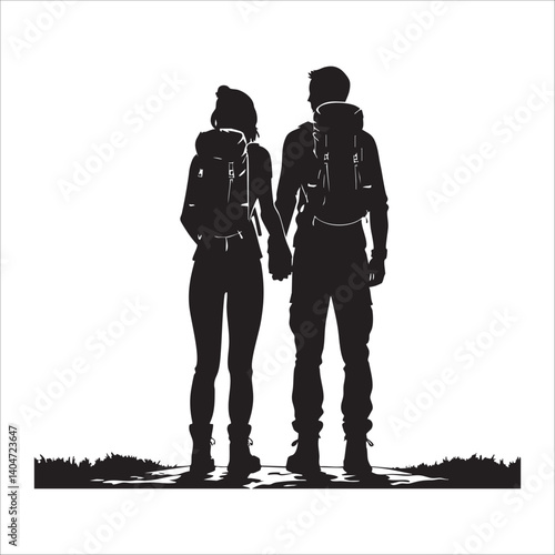 Couple Outdoors Vector Silhouette, Group of Hiking man Silhouettes. hiker with backpack and rucksacks silhouette.