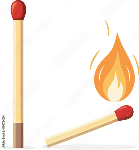 Minimalist illustration, two matchsticks, one unlit with red tip, one burning with flame, simple graphic design, yellow wooden sticks, fire safety concept, contrast, white background, vector art style