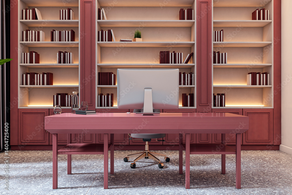 Modern executive office with pink desk, luxury decor, bookshelves, and minimalist setup in elegant workspace interior design style. 3D Rendering