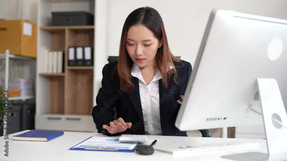 Businesswoman working on calculator to calculate financial data report, accountancy document and smartphone, laptop computer at office, business concept. Businesswoman working on calculator to calculate financial data report, accountancy document and smartphone, laptop computer at office, business concept.