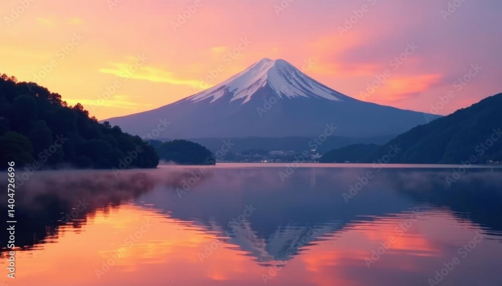 Fototapeta premium Misty dawn reveals Fuji's silhouette over tranquil Lake Yamanaka's still waters , Fuji, mist, blue