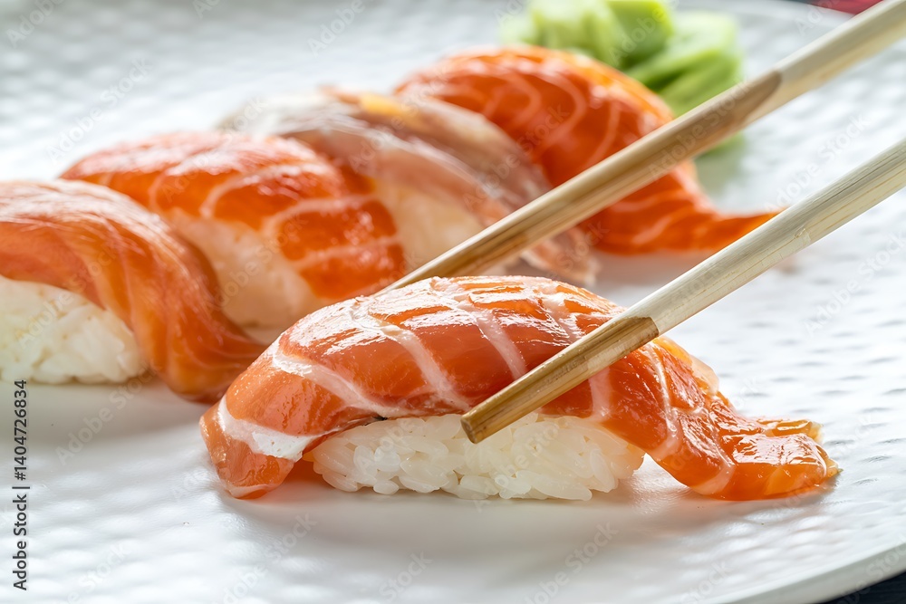Salmon nigiri sushi on white plate with chopsticks highlighting freshness, texture, cuisine, and traditional dining
Salmon nigiri sushi on white plate with chopsticks highlighting freshness, texture, cuisine, and traditional dining