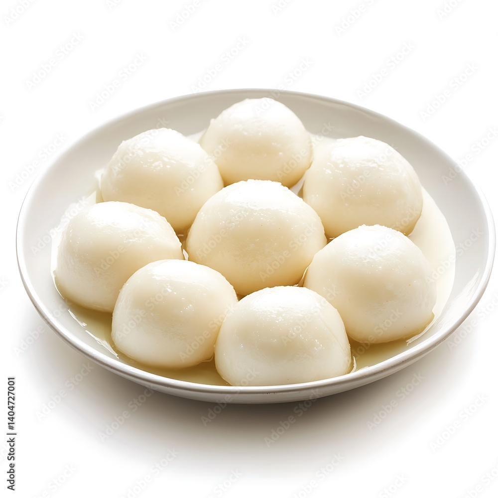 White Rasgulla Balls Soaked in Sugar Syrup on Plate White Rasgulla Balls Soaked in Sugar Syrup on Plate