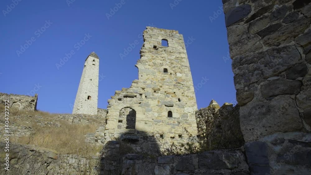 The Old Towers Complex, the largest medieval castle-type tower villages, is located on the edge of a mountain range in Ingushetia, Russia. An ancient family crypt The Old Towers Complex, the largest medieval castle-type tower villages, is located on the edge of a mountain range in Ingushetia, Russia. An ancient family crypt