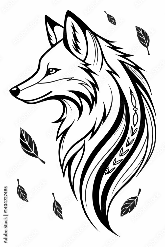 Fototapeta premium Elegant Fox with Flowing Fur and Falling Leaves Illustration for Tattoo and Art Enthusiasts.