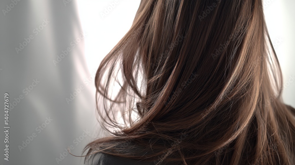 Fototapeta premium Beautiful model girl with Brown hair strand,silky healthy chestnut wavy hair strand,hair wavy ribbon, with smooth,Keratin straightening,Treatment,straight long hair,procedures,Smooth hairstyle.