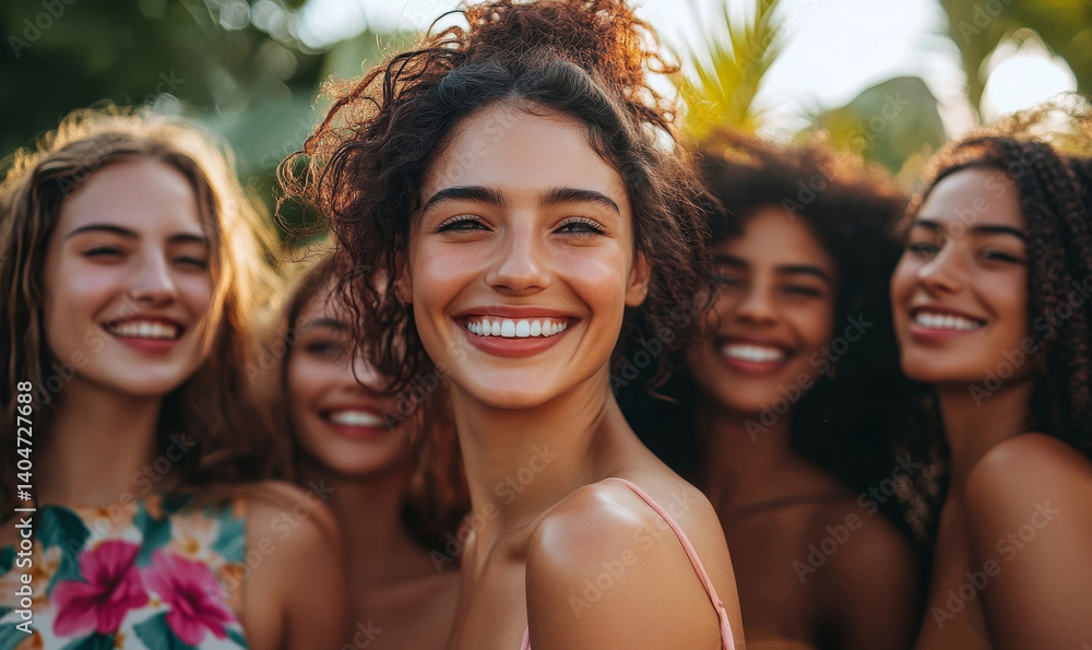 Multicultural Female Friends Smiling Happily, A vibrant image featuring a diverse group of young women, radiating joy and friendship as they share a moment of laughter and happiness, Generative AI Multicultural Female Friends Smiling Happily, A vibrant image featuring a diverse group of young women, radiating joy and friendship as they share a moment of laughter and happiness, Generative AI