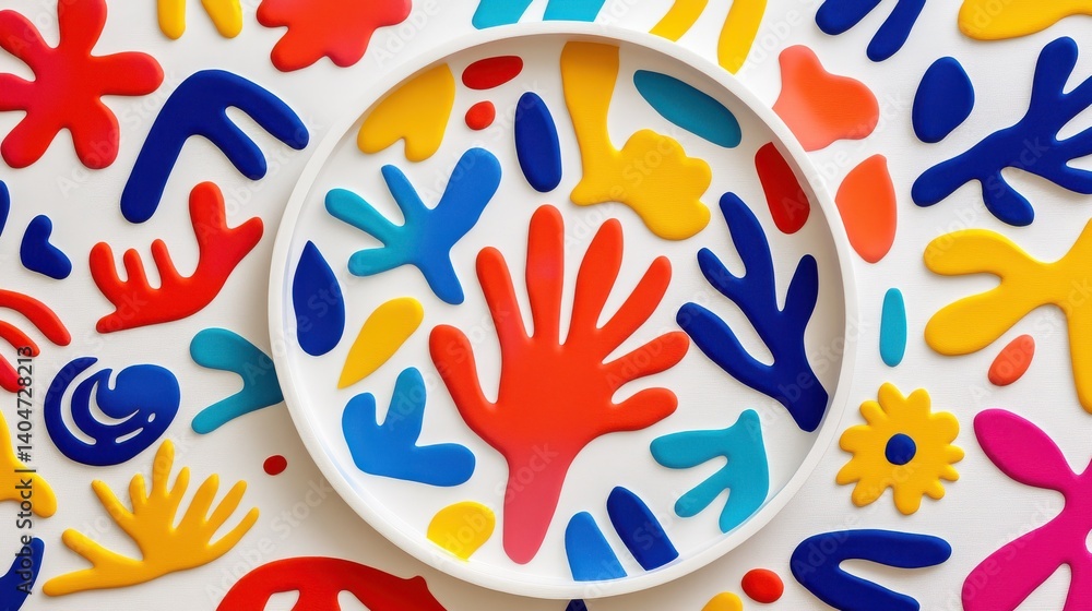 Colorful Abstract Shapes and Designs on a White Background with a Center Plate of Hand Shapes Colorful Abstract Shapes and Designs on a White Background with a Center Plate of Hand Shapes