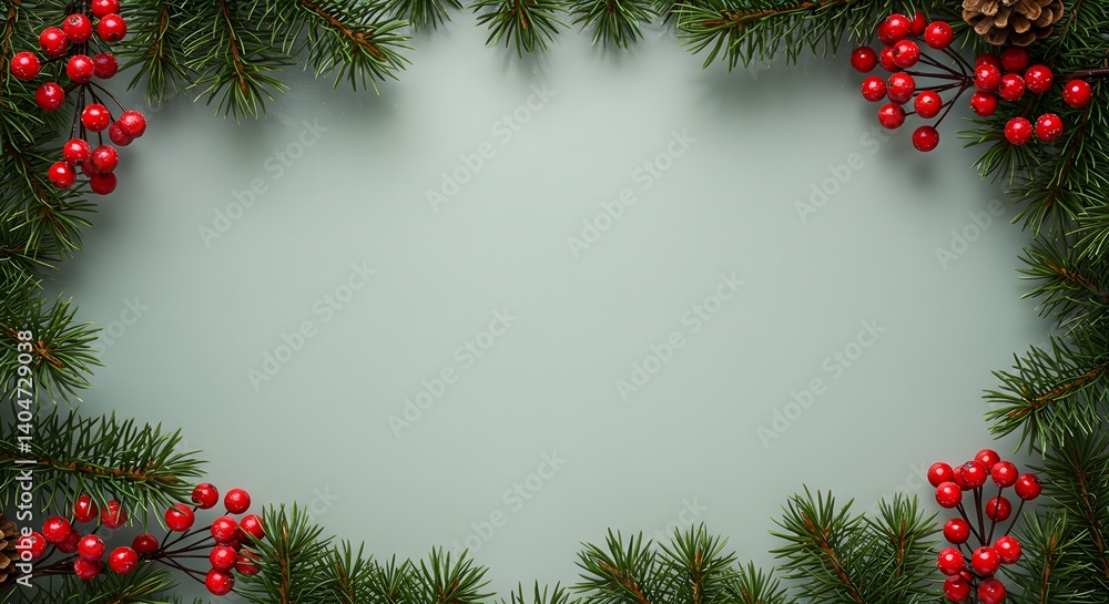 Elegant Christmas framework with lush fir branches and vibrant red berries Elegant Christmas framework with lush fir branches and vibrant red berries