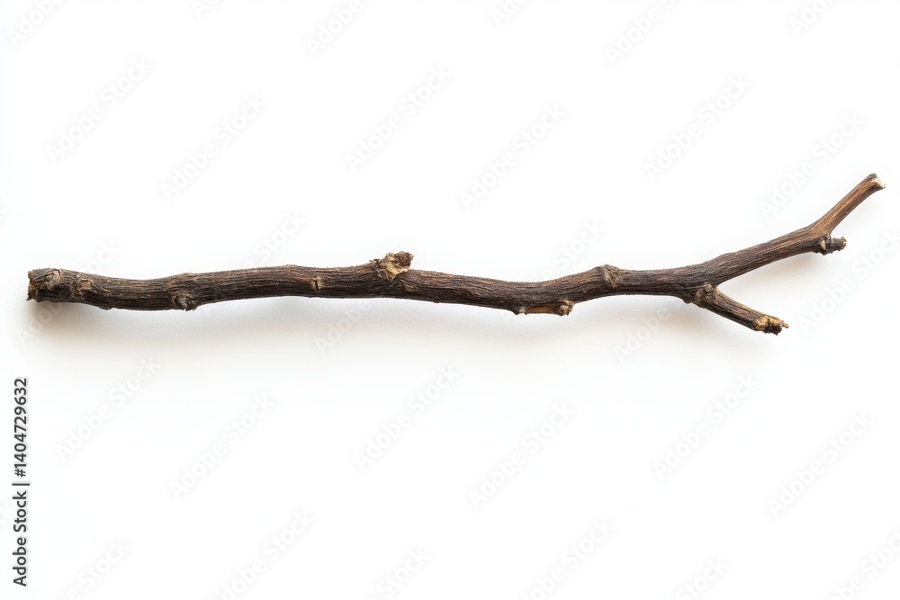 Fototapeta premium Thin dried tree twig with natural bark texture isolated on white perfect for botanical studies natural decor and rustic compositions
