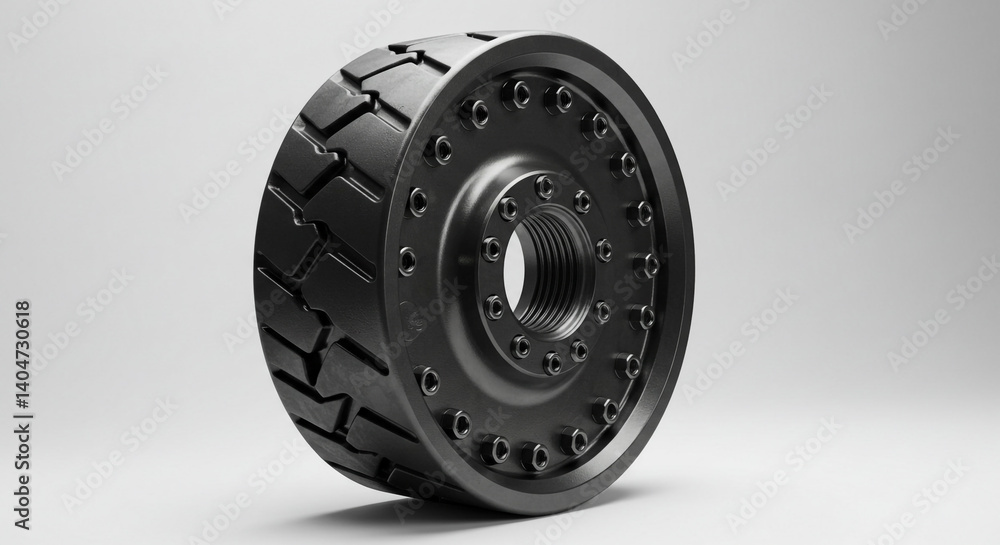 Obraz premium A powerful industrial tire, a symbol of robust engineering and tireless work, showcased with sleek black design against a neutral background.