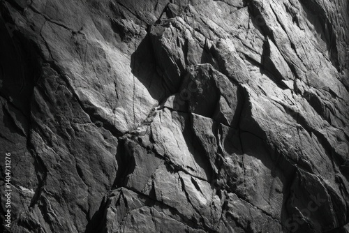 A dramatic close-up of a rugged rock face, highlighting the intricate texture of the stone, with deep shadows and crevices, revealing a sense of rugged beauty and resilience. 