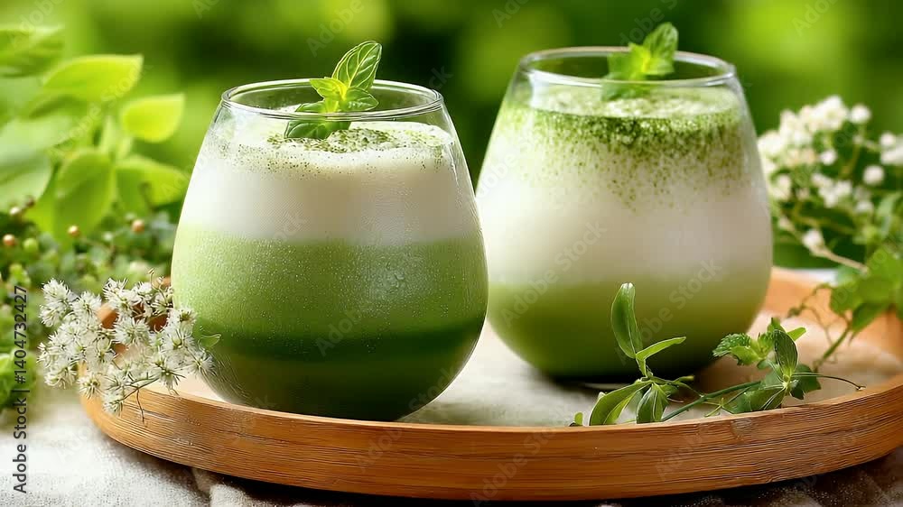 Refreshing green drinks with mint garnish sit on a wooden tray, set in natural light surrounded by greenery Refreshing green drinks with mint garnish sit on a wooden tray, set in natural light surrounded by greenery