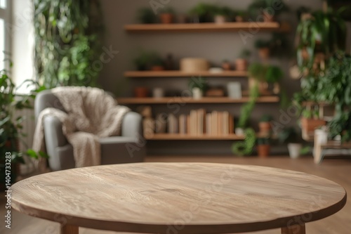Empty round wooden coffee table for product placement in cozy living room