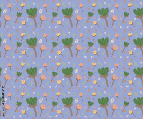 Seamless cute flower mix leaf pattern with violet background